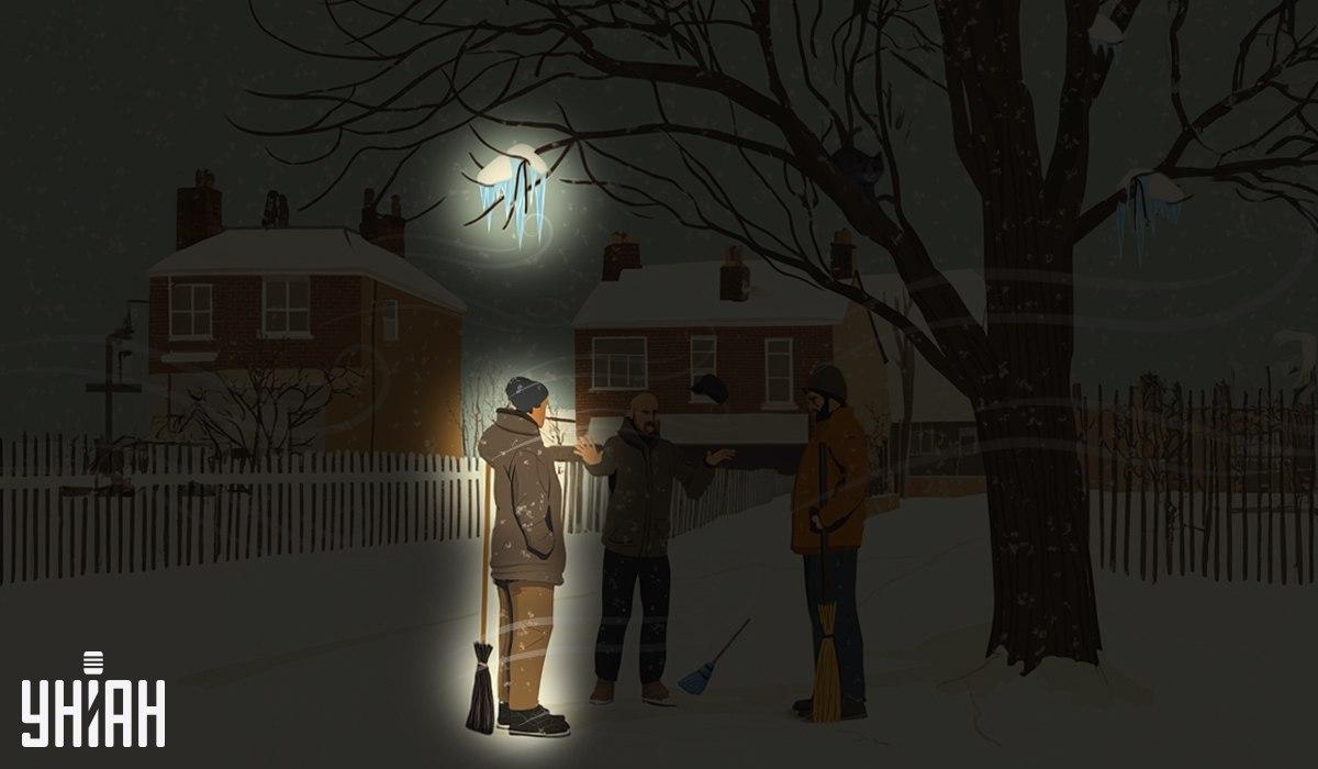 Jeden z údržbářů stál pod rampouchy, které visely na stromě / koláž Moje